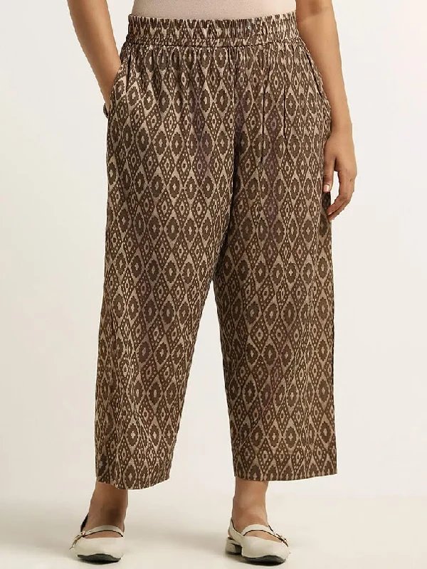 Diza Brown Printed Cotton Straight Pants Chic Faux Leather Pants