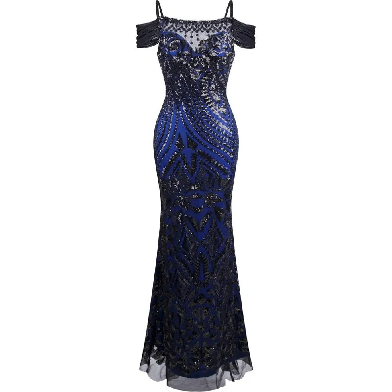 Women's Elegant Boat Neck Cap Sleeve Sequin Long Formal Evening Party Dress Cold Shoulder Backless Mermaid Gown Tunics Review highly