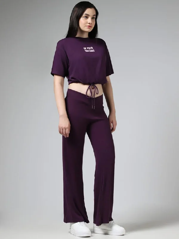 Superstar Dark Purple Crisscross Waist Wide-Leg Track Pants High-Waist Yoga Pants
