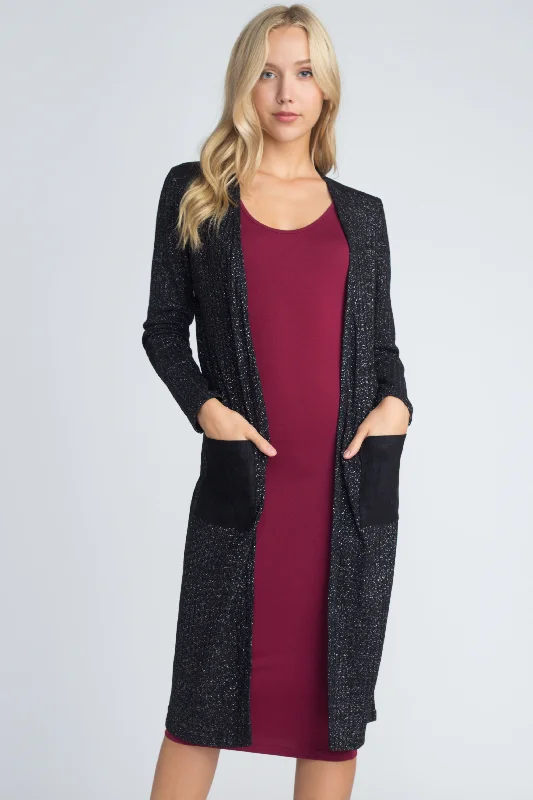 City Girl Faux Suede Patch Lurex Knit Duster Cardigan Real Fur Shearling Chenille