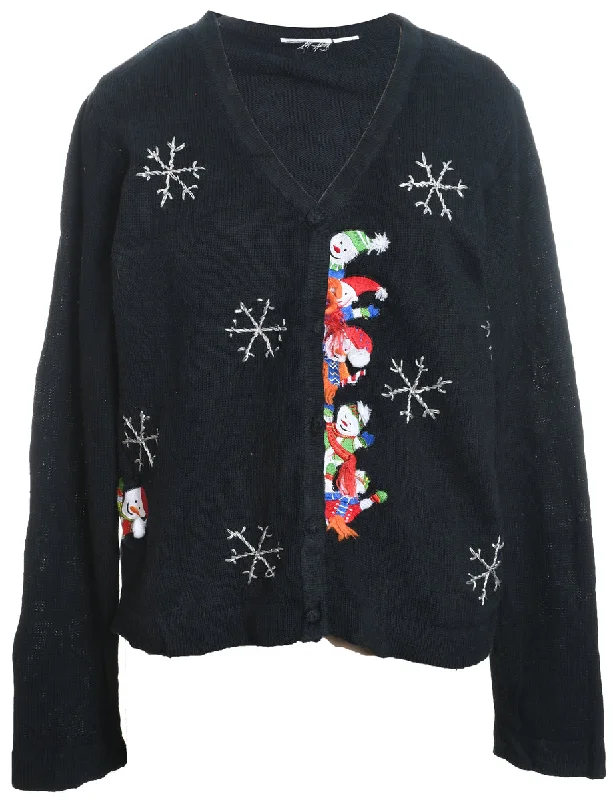 Snowman Design Black Classic Christmas Cardigan - L Fleece Cardigan Nylon Polyester