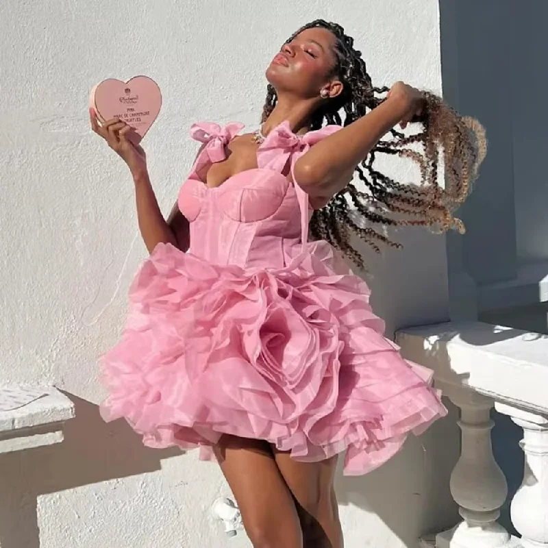 Sexy Light Pink Mini Length Cocktail Dresses Custom Made Organza Party Dress Ever Pretty Ever Pretty Gowns Tie Bow Starps Tunics Versatile stylish
