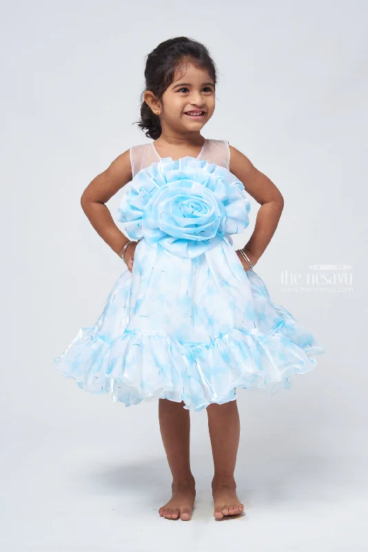Chic Blue Organza Party Dress: Designer Floral Bow & Flared Style for Girls Tunics Stylish elegant