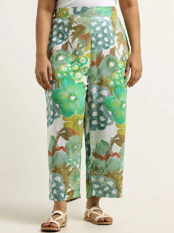 Diza Green Floral Printed Straight Pants Formal Stretch Pants