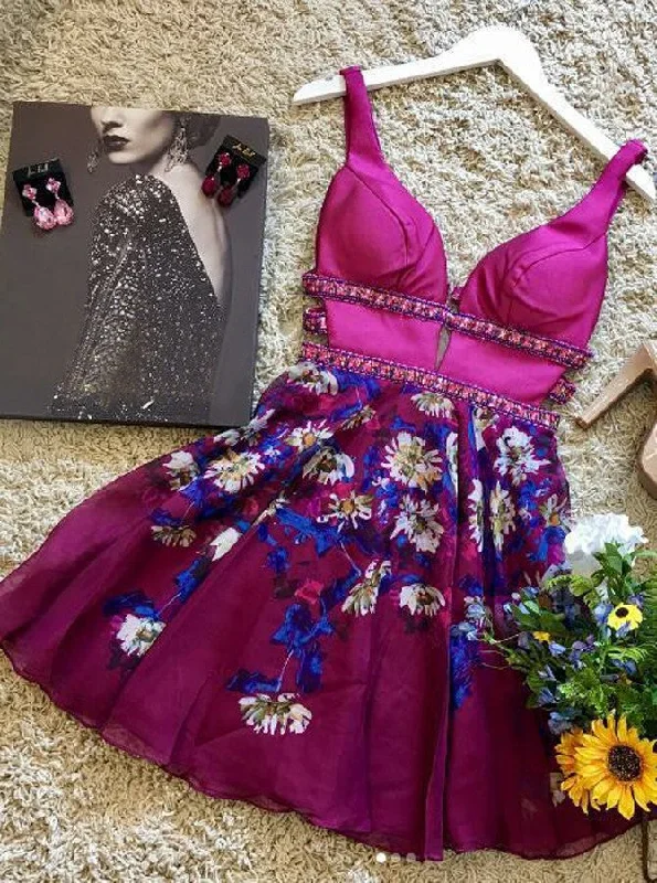A-Line Plunging Neck Floral Print Short/Mini Party Dress With Beading OP231 Tunics Fashionable trendy