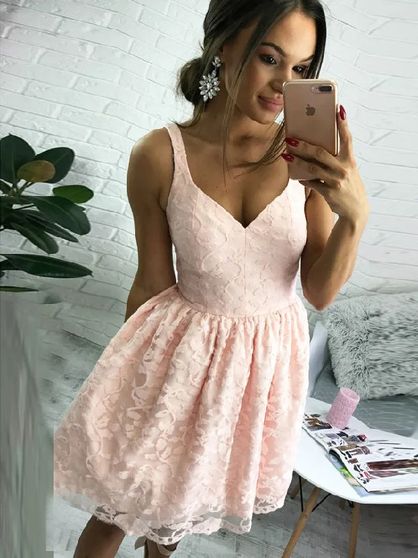 Pearl Pink Short/Mini A-Line V-Neck Short Lace Cocktail Party Dress OC103 Tunics Bridal satin