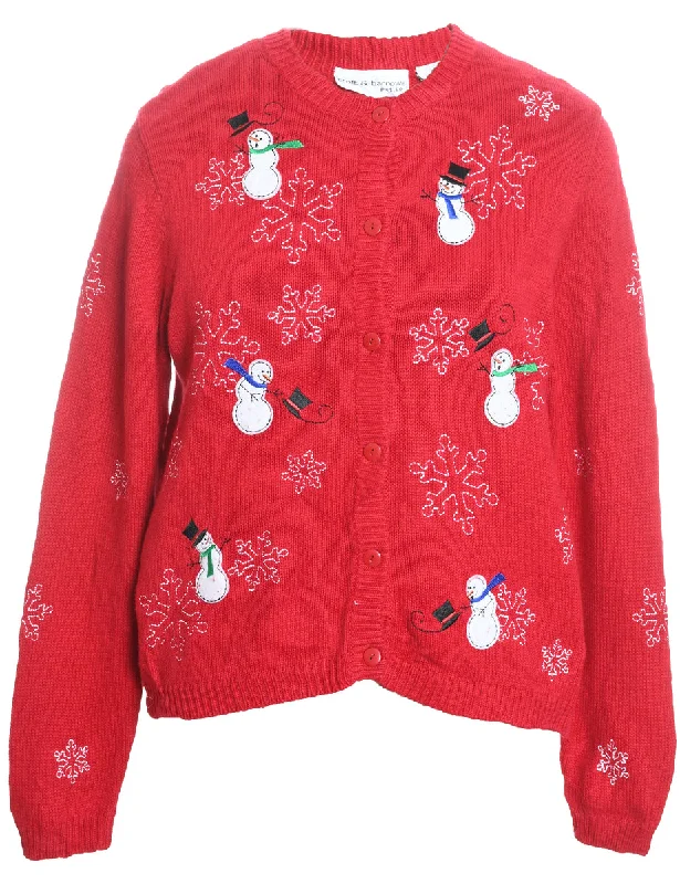 Snowman Design Red Embroidered Christmas Cardigan - M Mesh Cardigan Canvas Denim