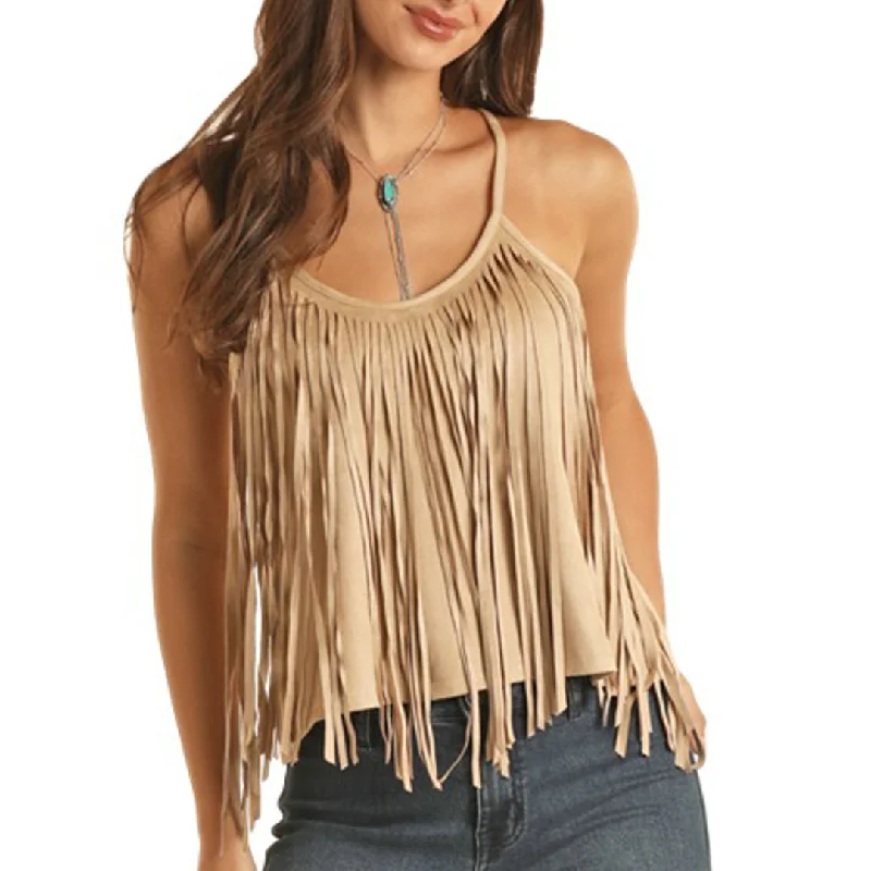 Rock & Roll Cowgirl Women's Suede Fringe Tank Top lime green tank