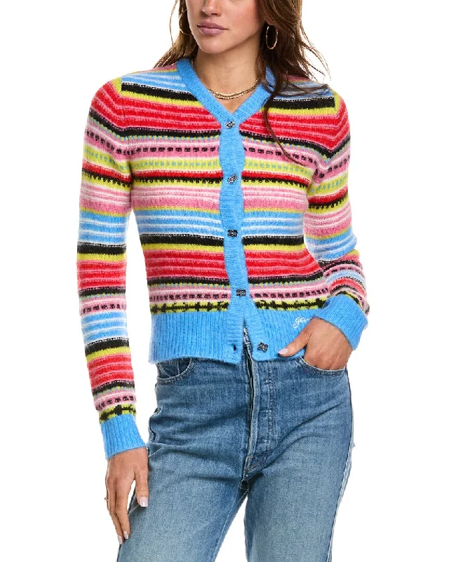 GANNI Soft Stripe Wool-Blend Cardigan Notch Collar Peter Pan Collar Cowl Neck