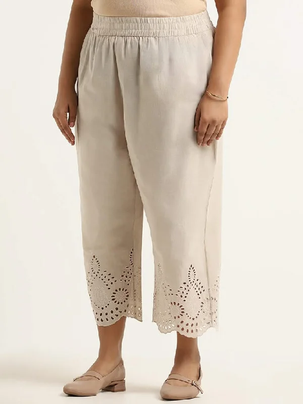 Diza Beige Cotton Cutwork Pants Comfortable Wide-Leg Pants