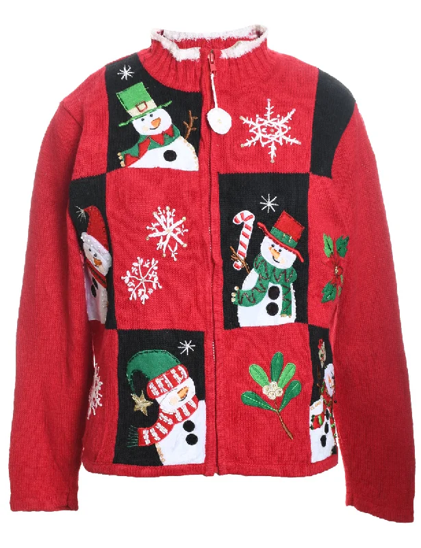 Snowman Design Black & Red  Christmas Cardigan - M Anti-Pilling Anti-Shrink Durable