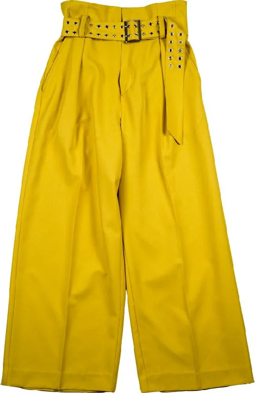 High Waist Buckle Belt Pants (Yellow) Trendy Velvet Pants