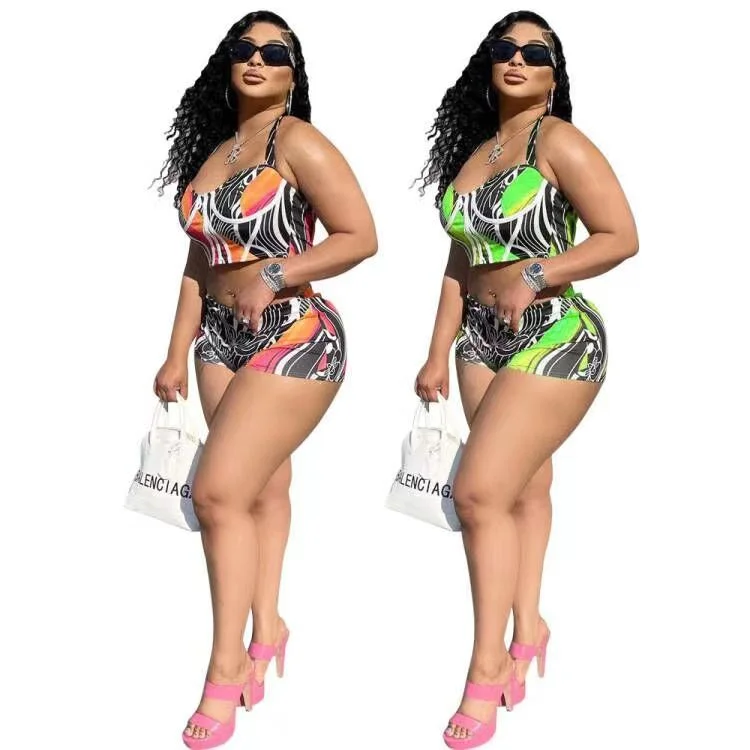 J&H 2023 new arrivals trendy printed mini shorts women sexy tank crop top 2 piece summer sets sexy vacation outfits ribbed tank top
