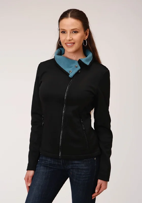 Roper Womens Black Polyester Teal Fleece Jacket One-Shoulder Jacket Off-the-Shoulder Jacket Asymmetrical Jacket