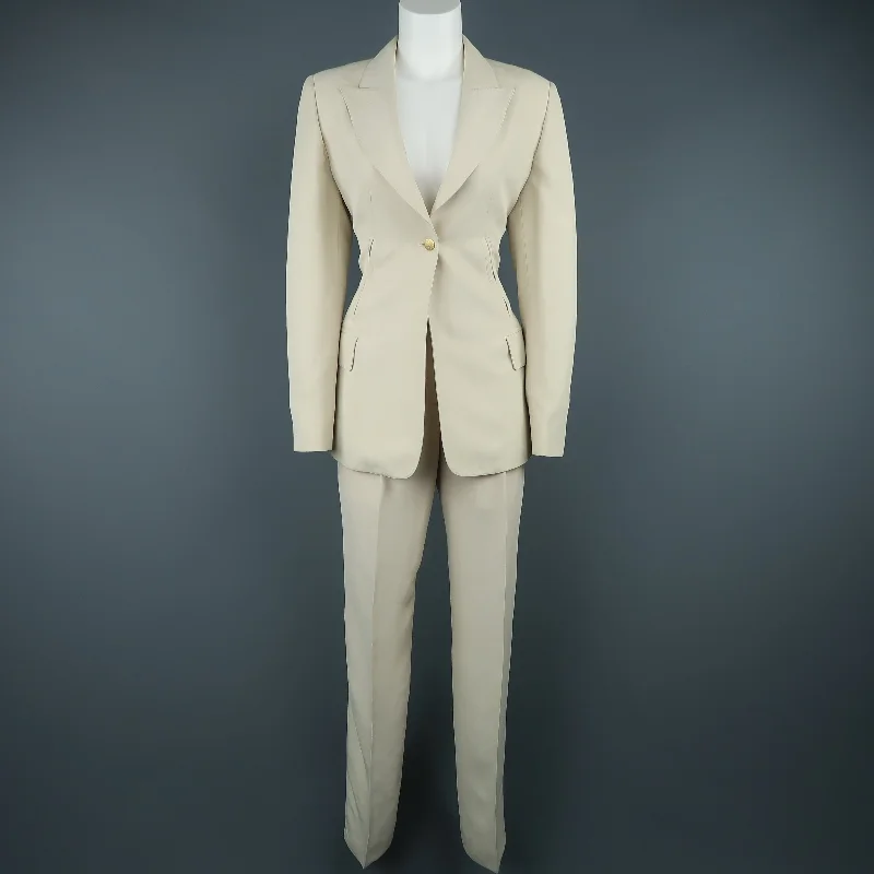 CLAUDE MONTANA Size 8 Beige Peak Lapel Single Button  Pant-Suit Classic Cropped Pants