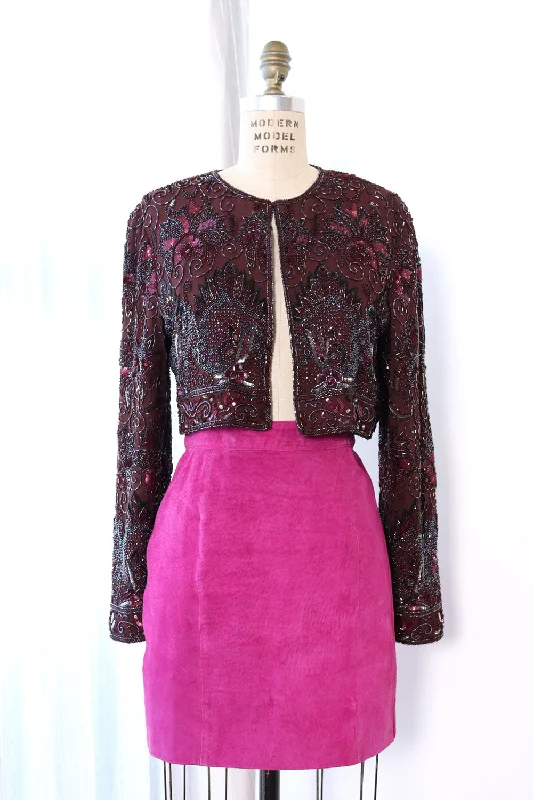 Aubergine Beaded Crop Jacket M Nylon Fabric Polyester Fabric Spandex Fabric