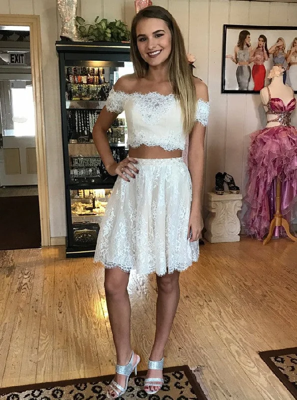 Off the Shoulder Two Piece Lace Short Sleeves Prom Dress Cocktail Party Dress OC105 Tunics Prom sequined