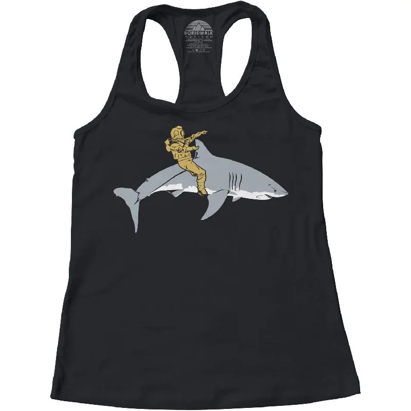 Women's Diver Riding a Shark Racerback Tank Top graphic tank top