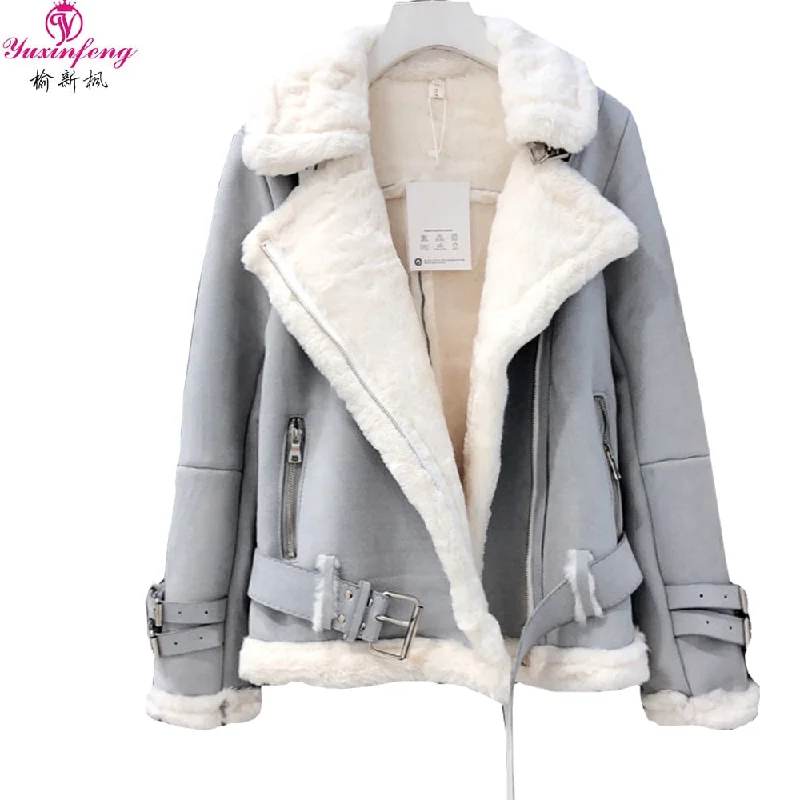 Yuxinfeng Winter Suede Lambs Wool Jacket Female High Streetwear Casual Plus Cashmere Thicken Warm Long Sleeve Fur Suede Coats Rayon Fabric Velvet Fabric Corduroy Fabric