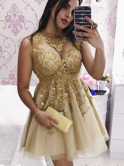 Sparkly Gold Short Prom Dress With Appliques Lace Party Dress OP236 Tunics Sophisticated sleek