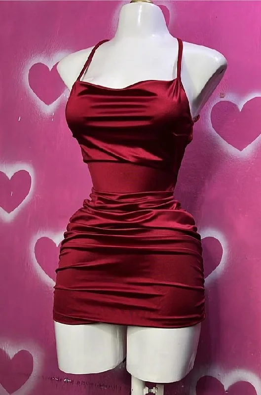 Wine Red Straps Sheath Satin Short Party Dress Homecoming Dress, MD7874 Tunics Luxurious premium