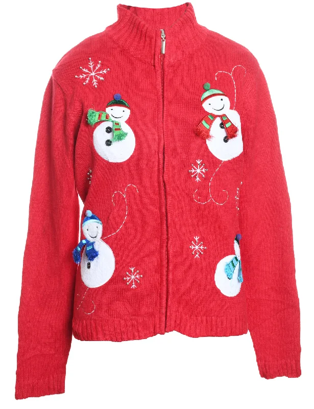 Snowman Design Knit Zip-Front Christmas Cardigan - M Zippered Buttoned Snapped