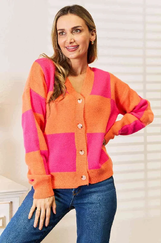Reese Woven Right Checkered V-Neck Dropped Shoulder Cardigan Terry Terry Cloth Terry Knit