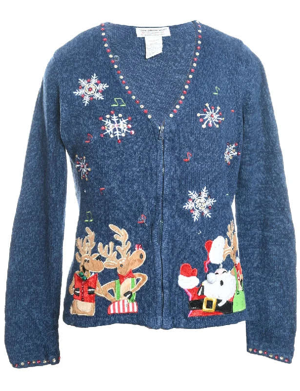 Santa Claus & Reindeer Navy Embroidered Zip-Front Christmas Cardigan - M Knit Fabric Woven Fabric Fleece Fabric