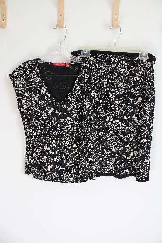 Anne Klein Black Tan Patterned Top & Skirt Set | M wool skirt breathable
