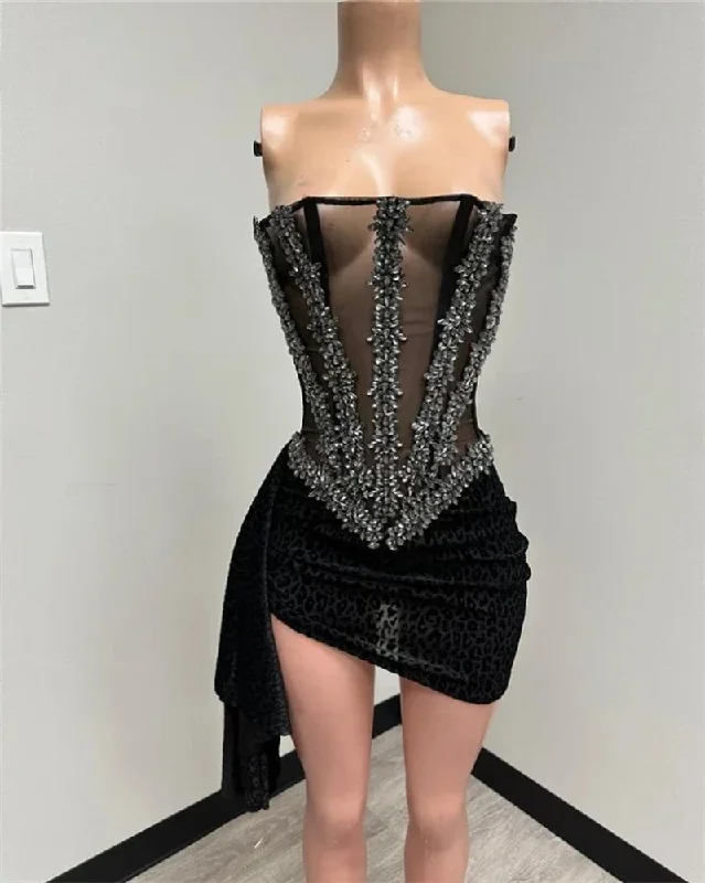 Sexy Strapless Short Prom Dresses For Black Girls Beaded Birthday Party Dress Crystal Mini Cocktail Homecoming Robe De Bal Tunics Wedding white