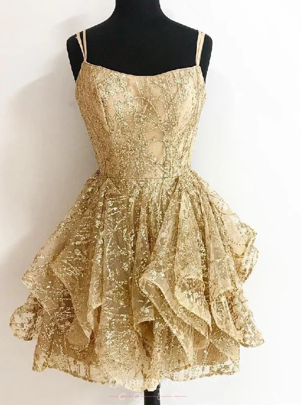 A-line Sequins Gold Short Prom Dresses Glitter Cocktail Party Dress Boat Neckline Classic