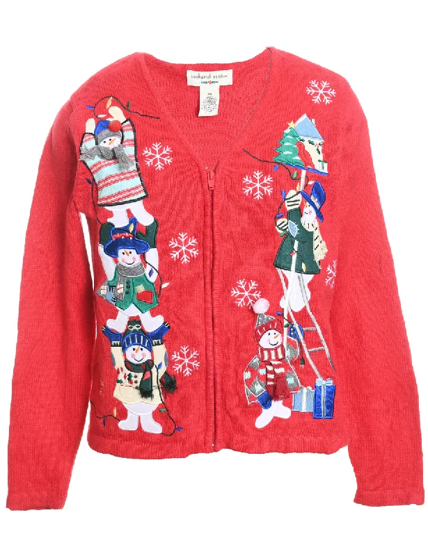 Snowman Design Red Appliqued Christmas Cardigan - S Velvet Chenille Corduroy