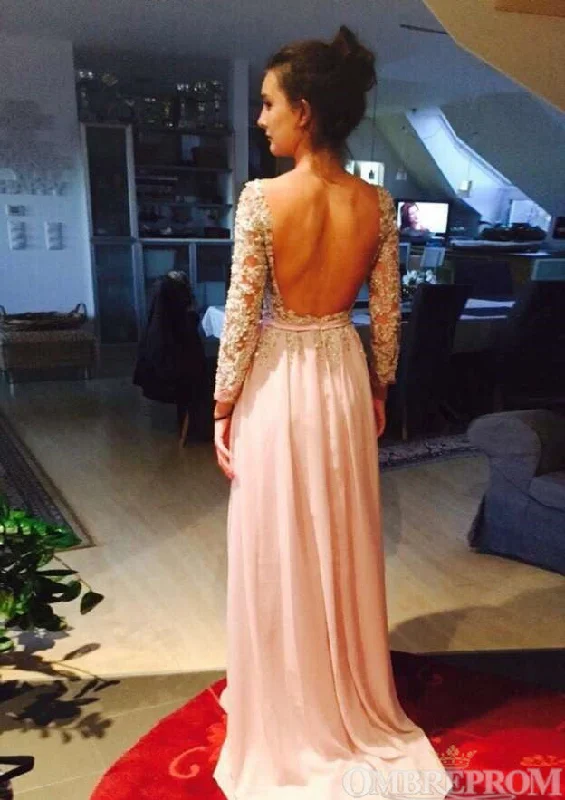 Elegant Long Sleeves Backless Chiffon Party Dresses A Line Prom Dresses Tunics Practical easy-care