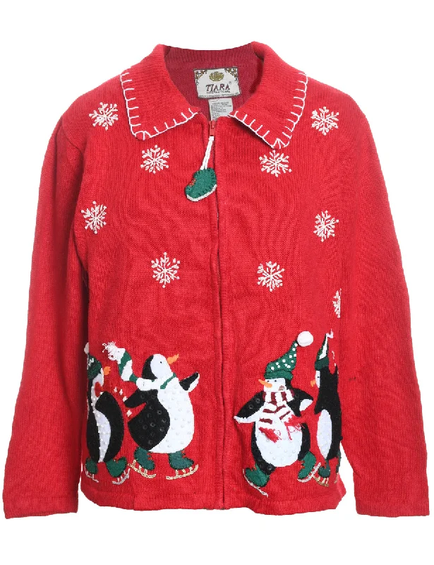 Red Embroidered Zip-Front Christmas Cardigan  - M Solid Print Embellished