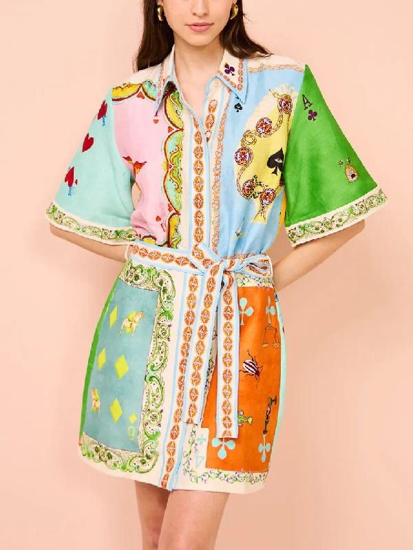 Casual fun printed Charming shirt cardigan short dress Silk Blend Satin Velvet