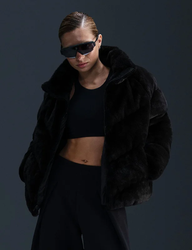 Sportswear Windpuffer Loose Faux Fur Jacket - Black/White Welt Pockets Slit Pockets Flap Pockets