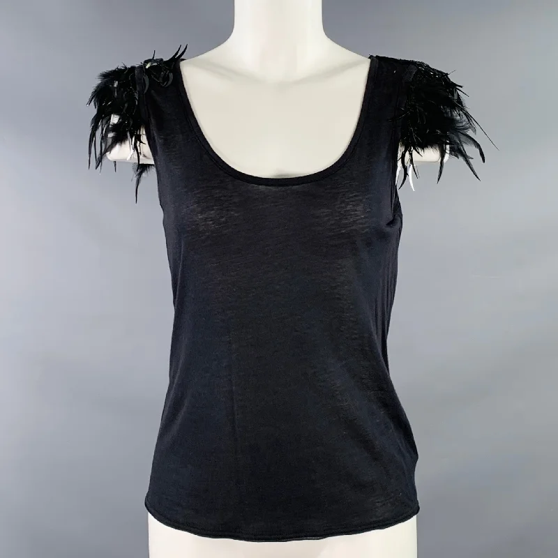 VINTAGE Size S Black Cotton Blend Beaded Feathers Tank Casual Top neon tank top