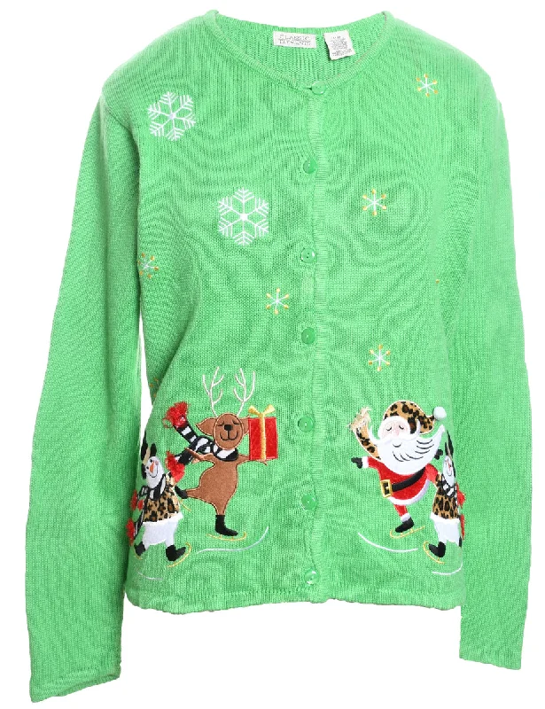 Santa Claus & Reindeer Design Light Green Christmas Cardigan - M Chenille Fabric Brocade Fabric Lace Fabric