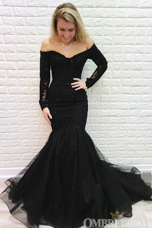 Black Prom Dresses Long Sleeves Off Shoulder Mermaid Party Dresses Lace Sexy Club