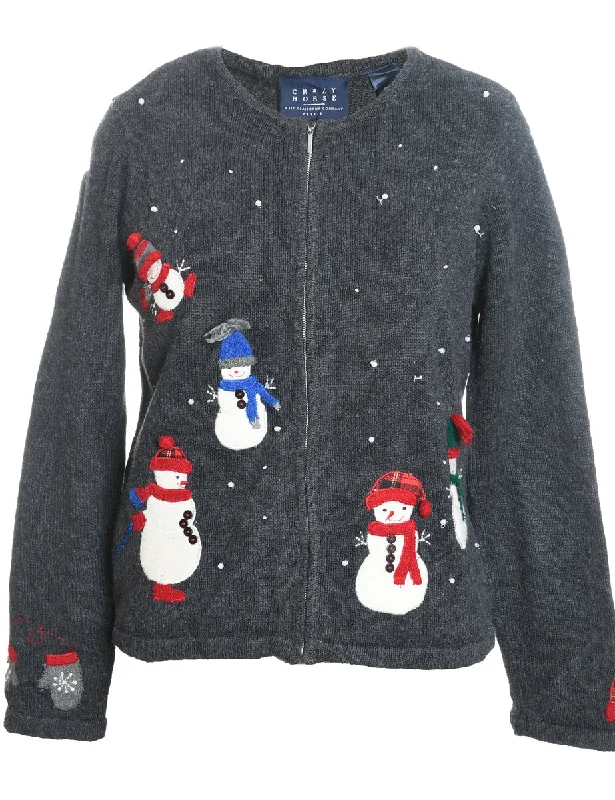 Snowman Design Grey Zip-Front Christmas Cardigan - M Asymmetrical,ymmetric Pencil Cardigan