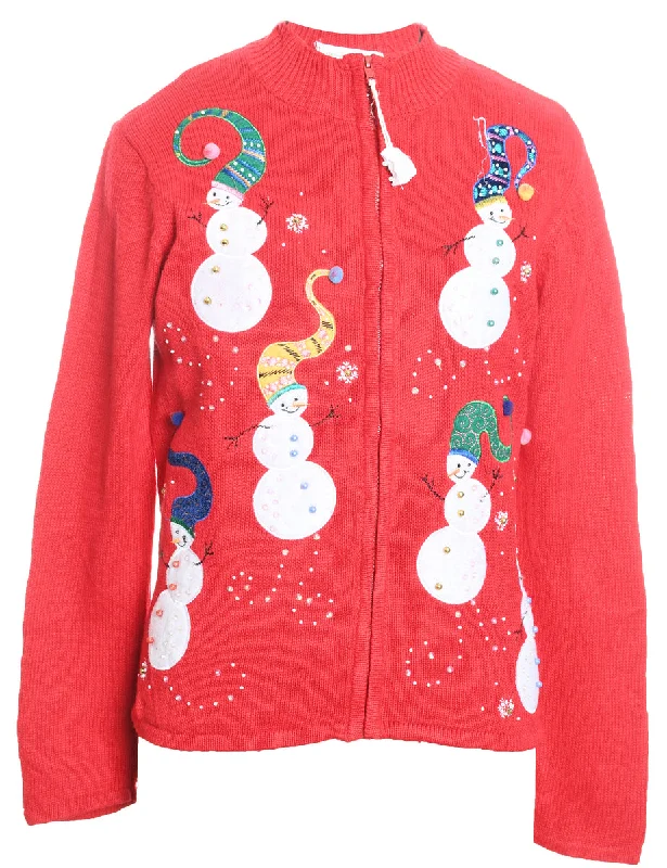 Snowman Christmas Cardigan - M Welt Pockets Slit Pockets Flap Pockets