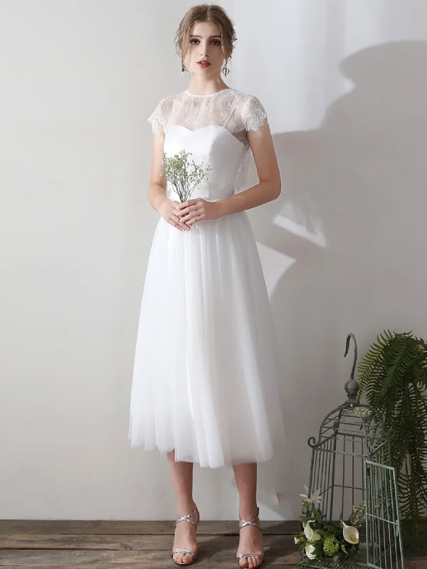 White Lace Short Bridesmaid Dress, Two Pieces Wedding Party Dresses Tunics Denim casual