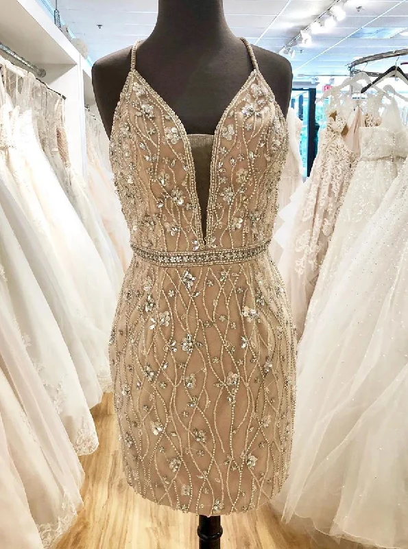 Gorgeous Backless Bodycon Short Party Dress Beading Homecoming Dress OM465 Lace Sexy Club