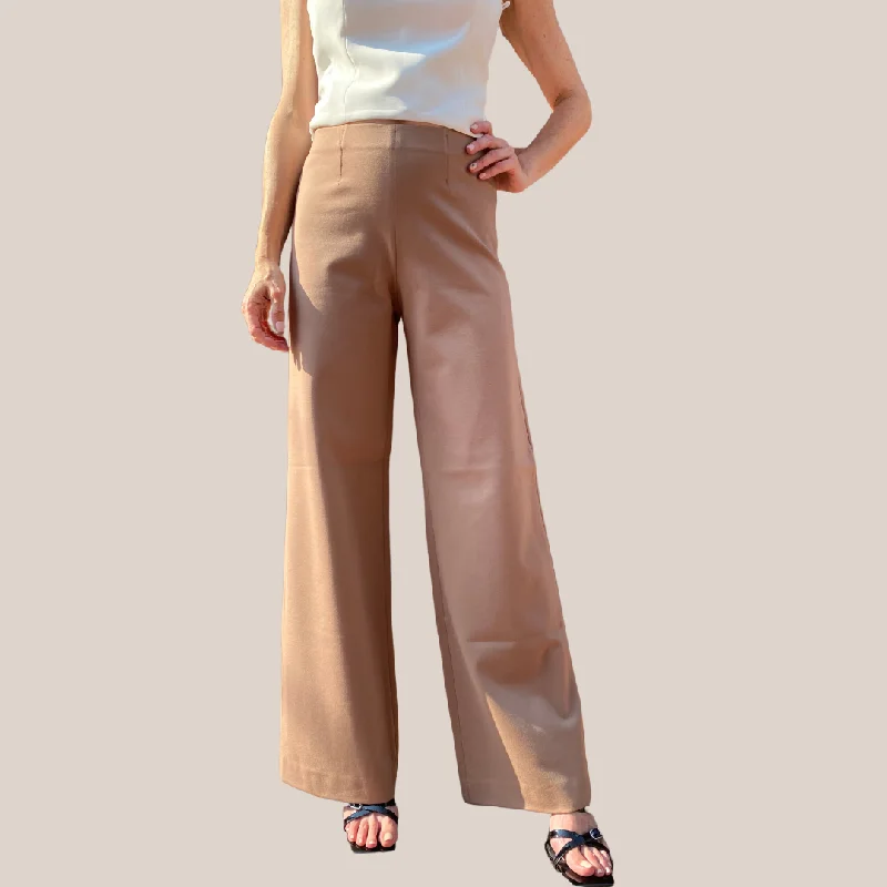 High Waist Wide Leg Stretch Pant - Tan Formal Linen Trousers