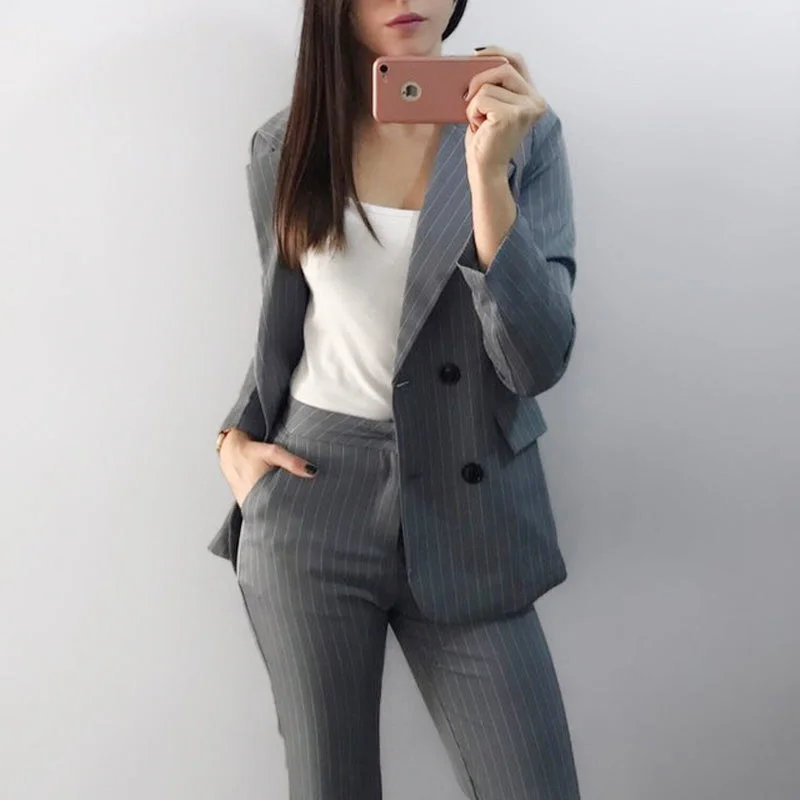 Work Fashion Pant Suits 2 Piece Set for Women Double Breasted Striped Blazer Jacket & Trouser Office Lady Suit Feminino 2019 Elasticated Jacket Padded Jacket Insulated Jacket
