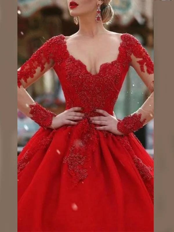 Illusion Lace Long Sleeve V-neck A-line Long Prom Party Dress, Ball Gown, PD3092 Tunics Lace romantic