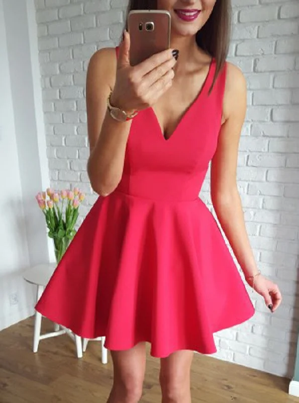 Fuchsia A-Line V-Neck V-back Satin Short Prom Dress Party Dress OC132 Tunics Designer luxury