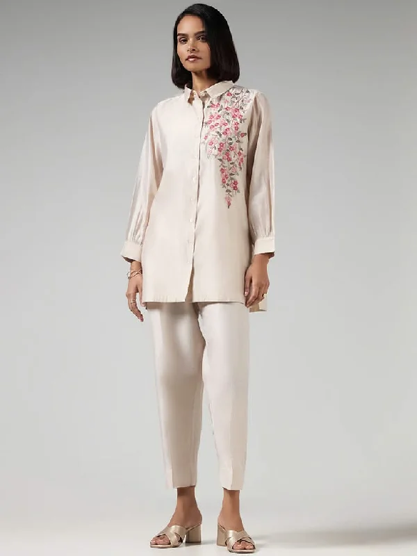 Vark Beige Floral Embroidered Kurti and Pants Set Sleek Black Pants