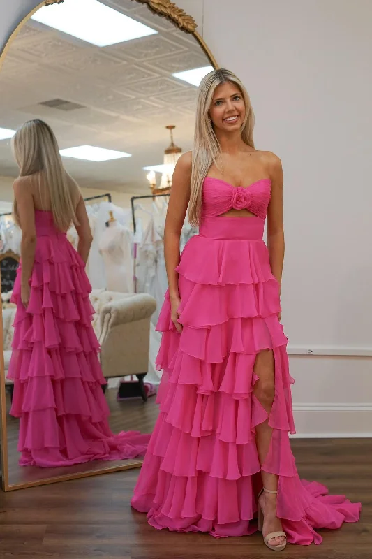 Keyhole Hot Pink Chiffon Ruffle A-line Long Party Dress Tunics Recommended stylist