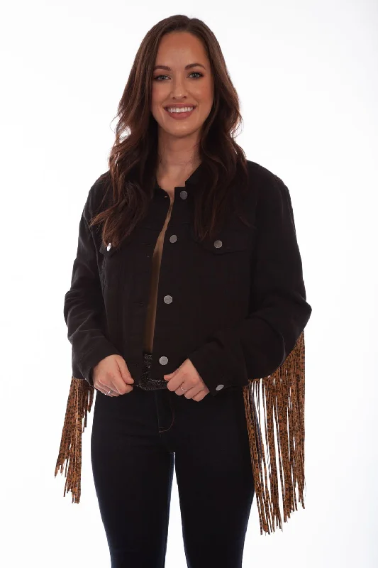 Scully Womens Black/Leopard Cotton Blend Fringe Denim Jacket Satin Fabric Silk Fabric Chiffon Fabric